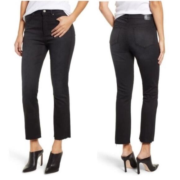Leith Size 29 High Rise Crop Flare Jeans Black Denim Stretch Raw Hem Ankle Dark - Picture 1 of 15